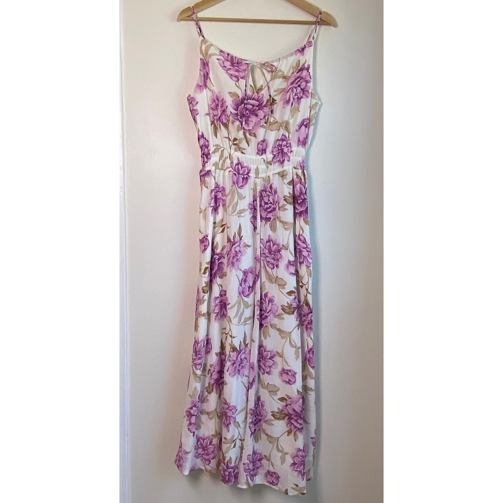 Abercrombie & Fitch Maxi Dress Womens L White Purple Floral Plisse Cottagecore